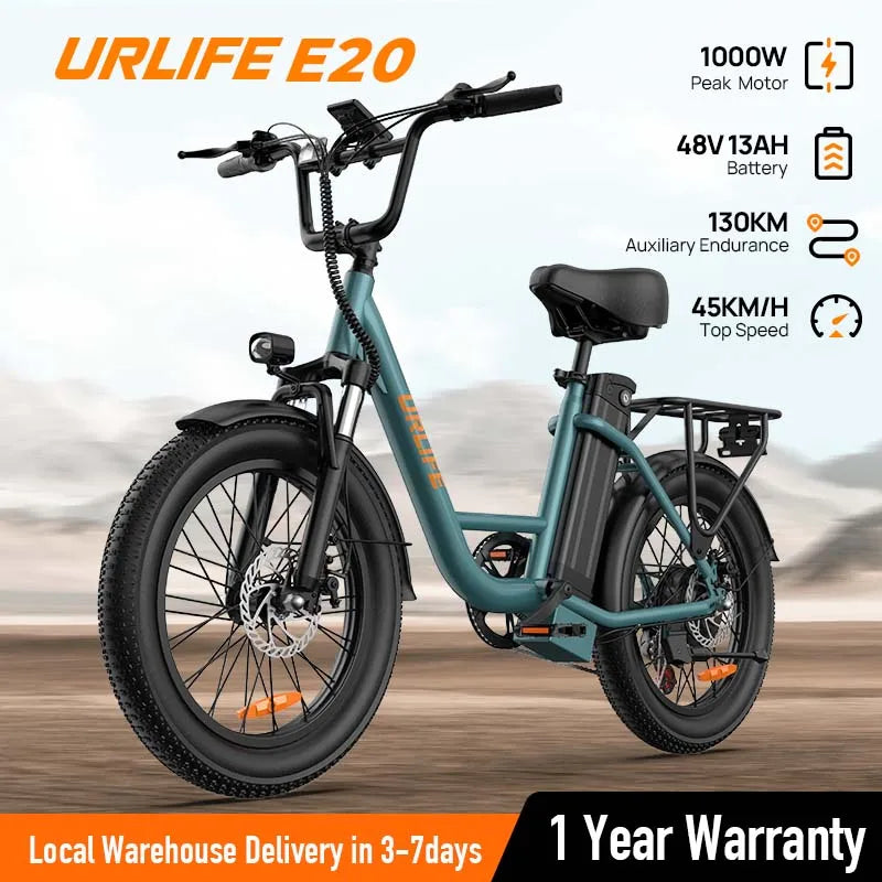 URLIFE 1000W E20 Electric Bike | 
48V 13Ah Removable Battery,
 20MPH, 20''X3" Fat Tire, 7-Speed  with Dual Disc Brake