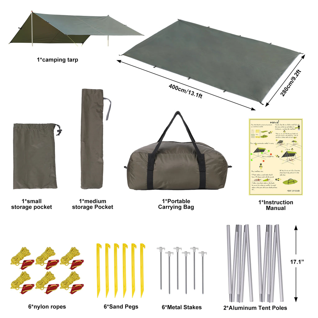 Waterproof Camping Tent Tarp Awning Sun Shelter Outdoor Hammock Tent Tarp Shelter for Beach Camping Hiking 13.1X9.2FT Tarp