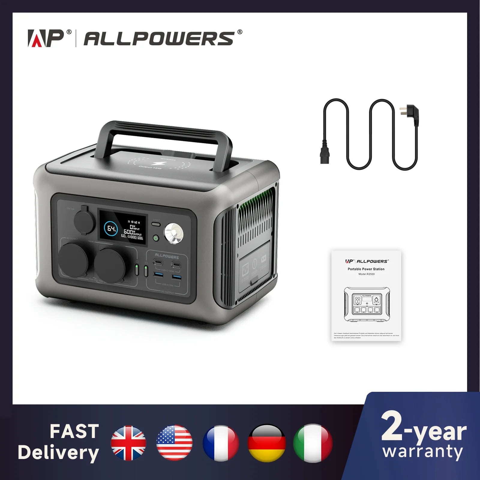 ALLPOWERS Portable  R600, 
299Wh LiFeP04 Battery with 2x 600W (1200W Surge)
 AC Outlets for Outdoor Camping RV Home