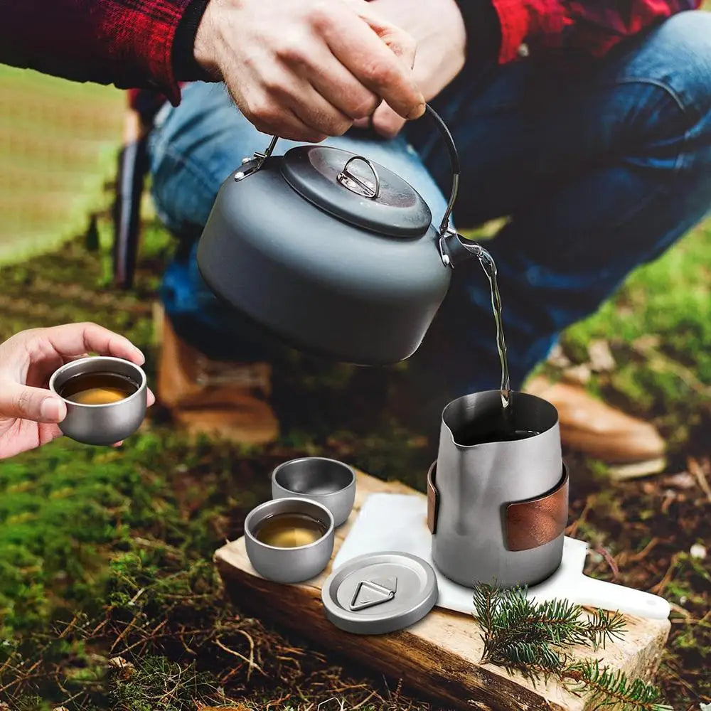 Camping Tableware Set 
Lightweight Titanium Coffee Pot Tea Kettle
 Outdoor Camping Kettle Set 3 Cups Tea Set For Hiking Picnic