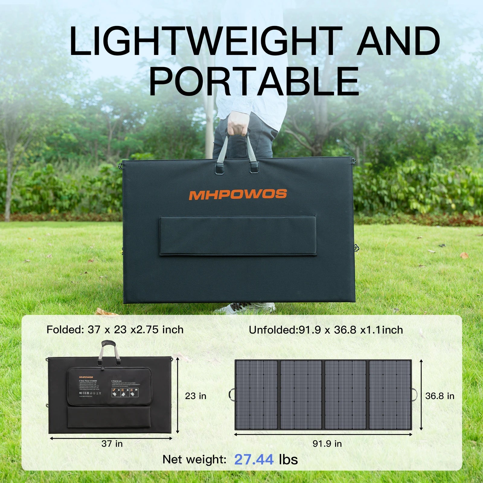 MHPOWOS 400W Portable Solar Panel, 
Lightweight Foldable Solar Panels with an Adjustable Kickstand, 
IP67 Waterproof Solar Charger