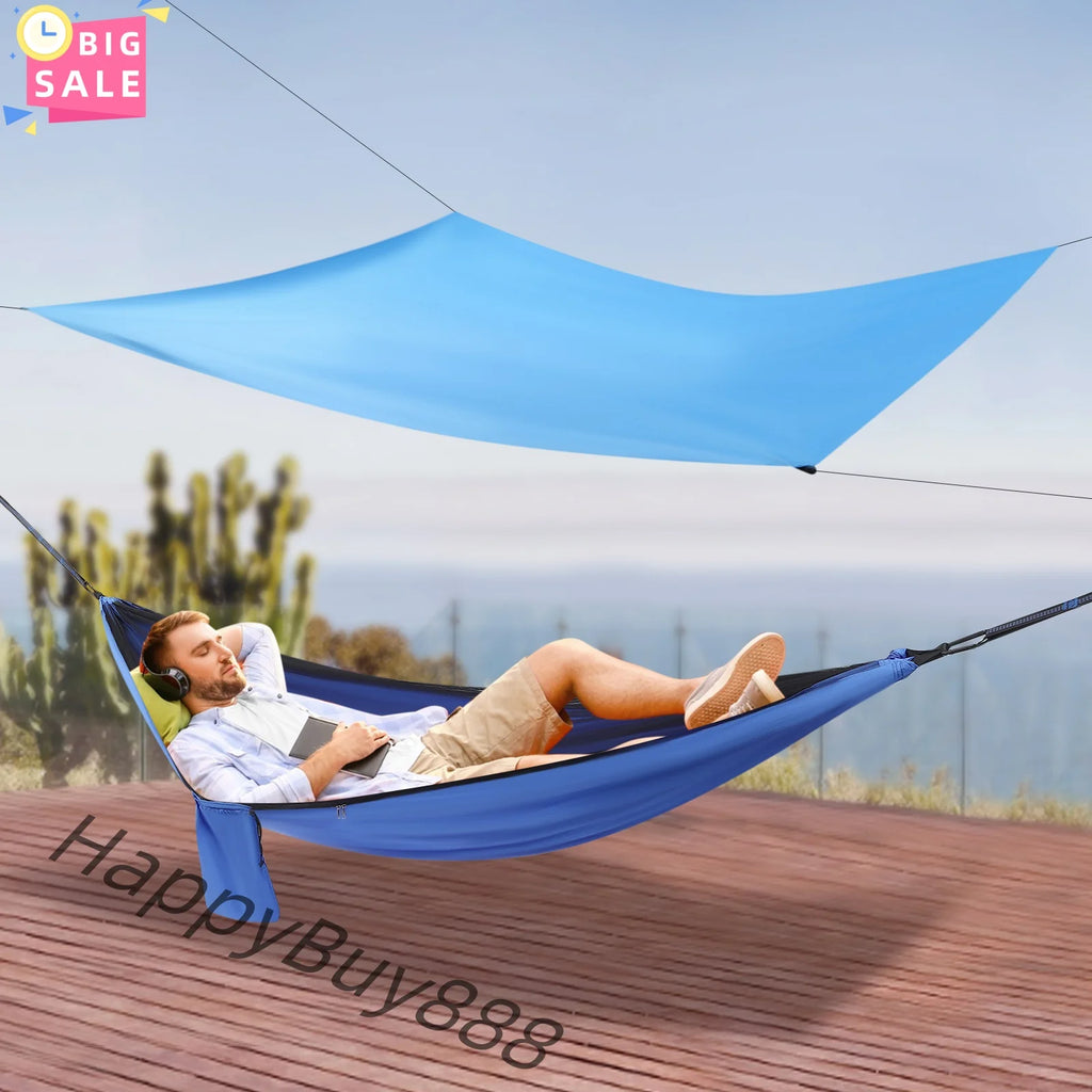 Blue Camping Hammock w/h Rain Fly Tarp Mosquito Net Tent Hammock for Backpacking and Travel