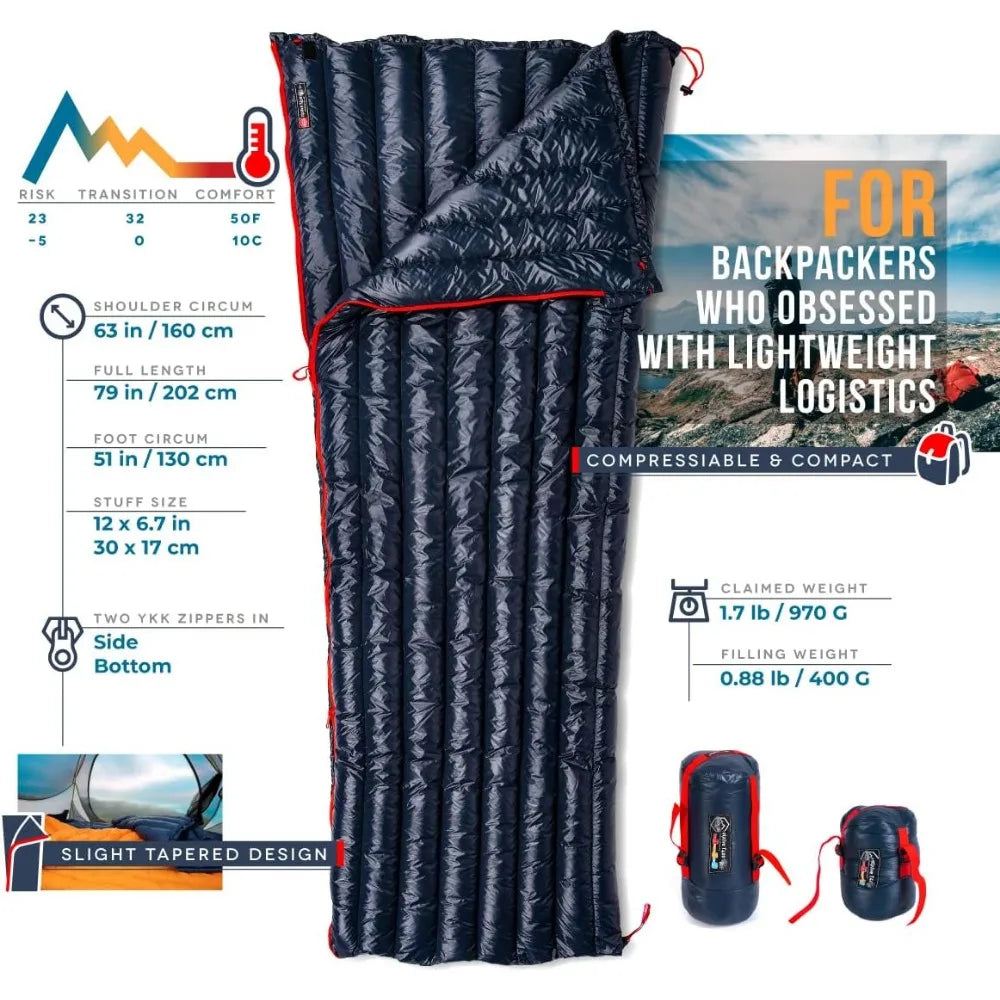 Ultralight Compact 650 Fill Power Down Sleeping Bag for Hiking 
- 32-50F, 27oz Weight, Envelope Style