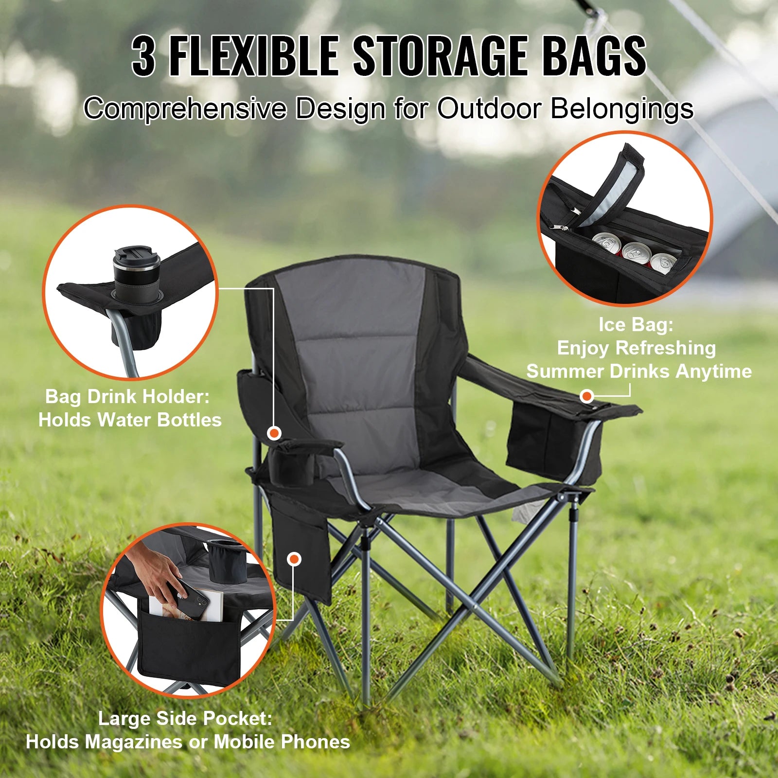 SucceBuy Camping Folding Chair for Adults  
Portable Quad Lumbar Back , Padded Arm  with Side Pockets for Beach, Lawn, Picnic