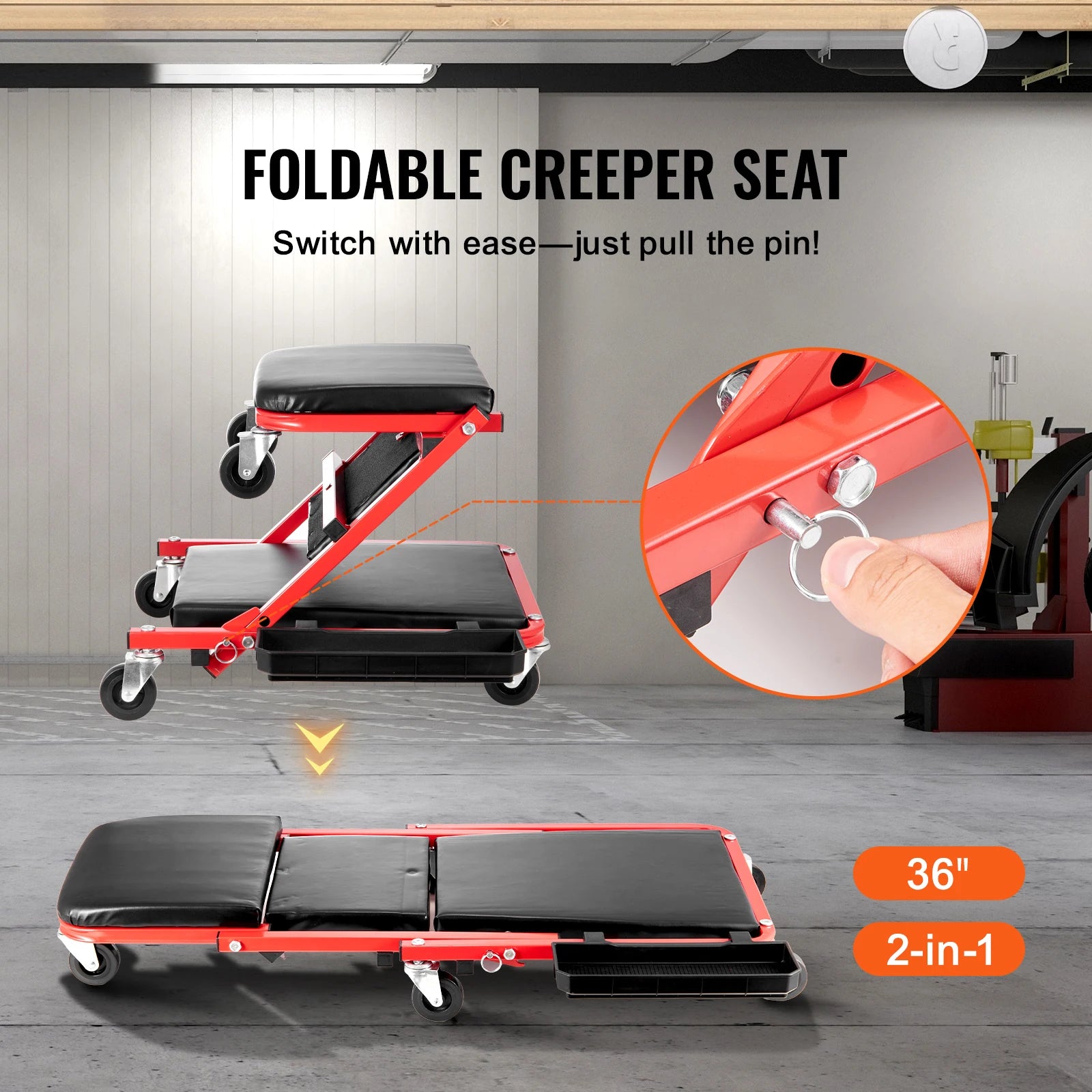 SucceBuy Foldable Z Garage Creeper.  Rolling , Folding,  
Mechanic Creeper Stool with 6 Wheels .
Tool Tray and  Padded Seat , For Garage ,Shop or Home