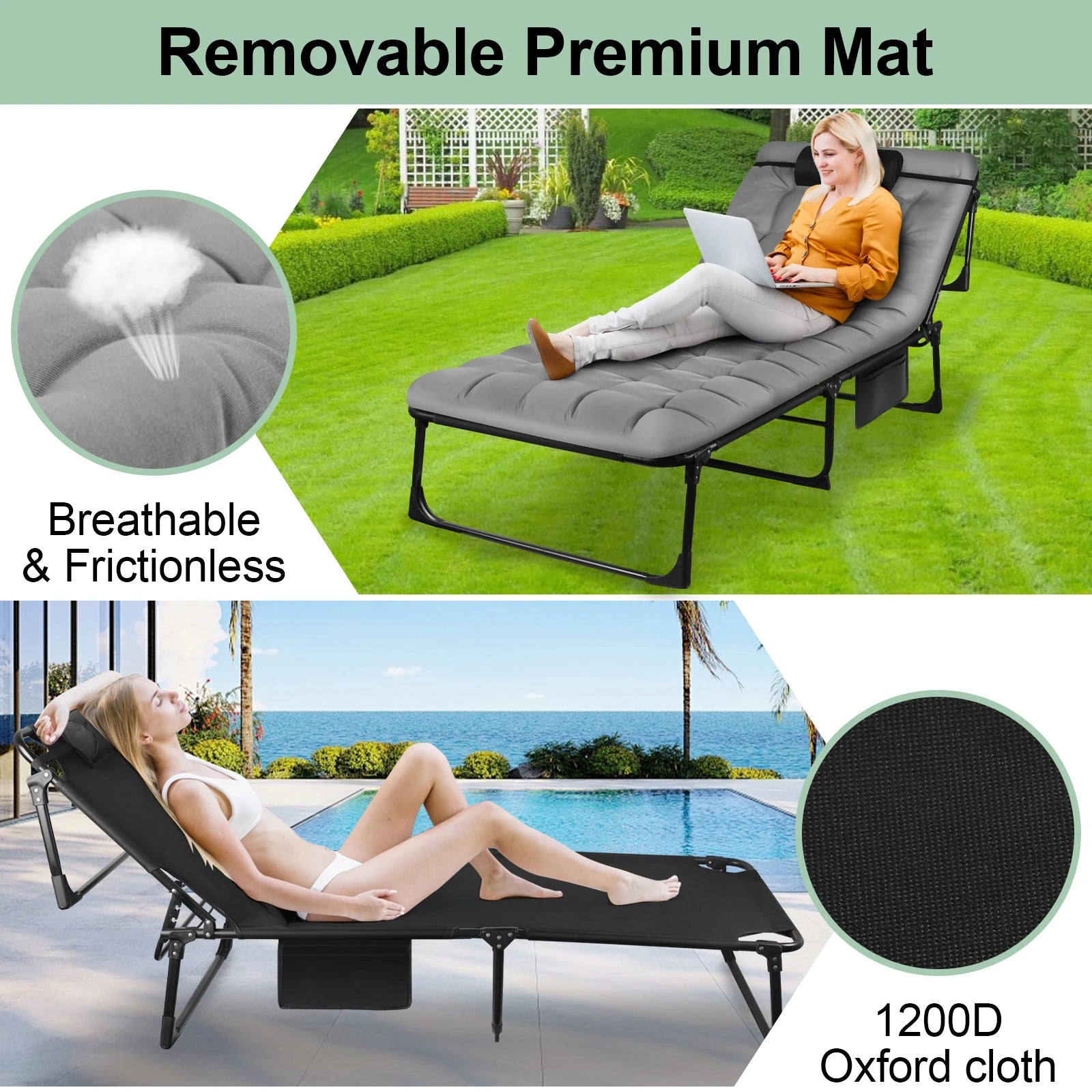 Portable Folding Camping Cot -
3-Position Adjustable Reclining Lounge Chair
 with Pillow, Outdoor Sleeping Bed (68cm Wide)