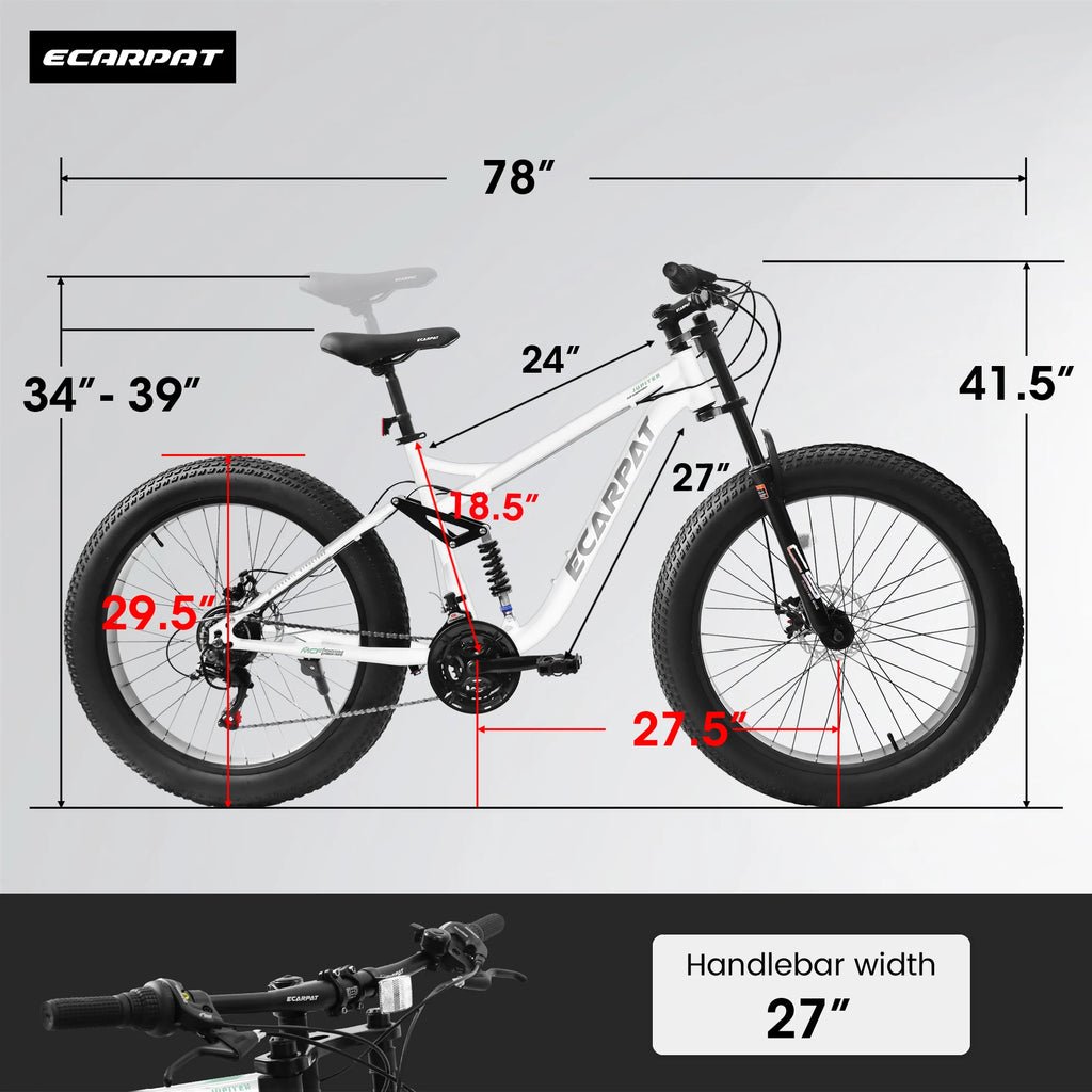 26 inch Mountain Bike, Full-Suspension 21 Speeds Drivetrain with Disc-Brake MTB Bicycle, 4" Fat tire Bike for Men or Women.