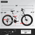 26 inch Mountain Bike, Full-Suspension 21 Speeds Drivetrain with Disc-Brake MTB Bicycle, 4" Fat tire Bike for Men or Women.
