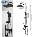 ZAPPO Matte Black Bathroom Shower Set 8 inch Rainfall , Wall Mounted 3-4 Function System & ABS Shelf