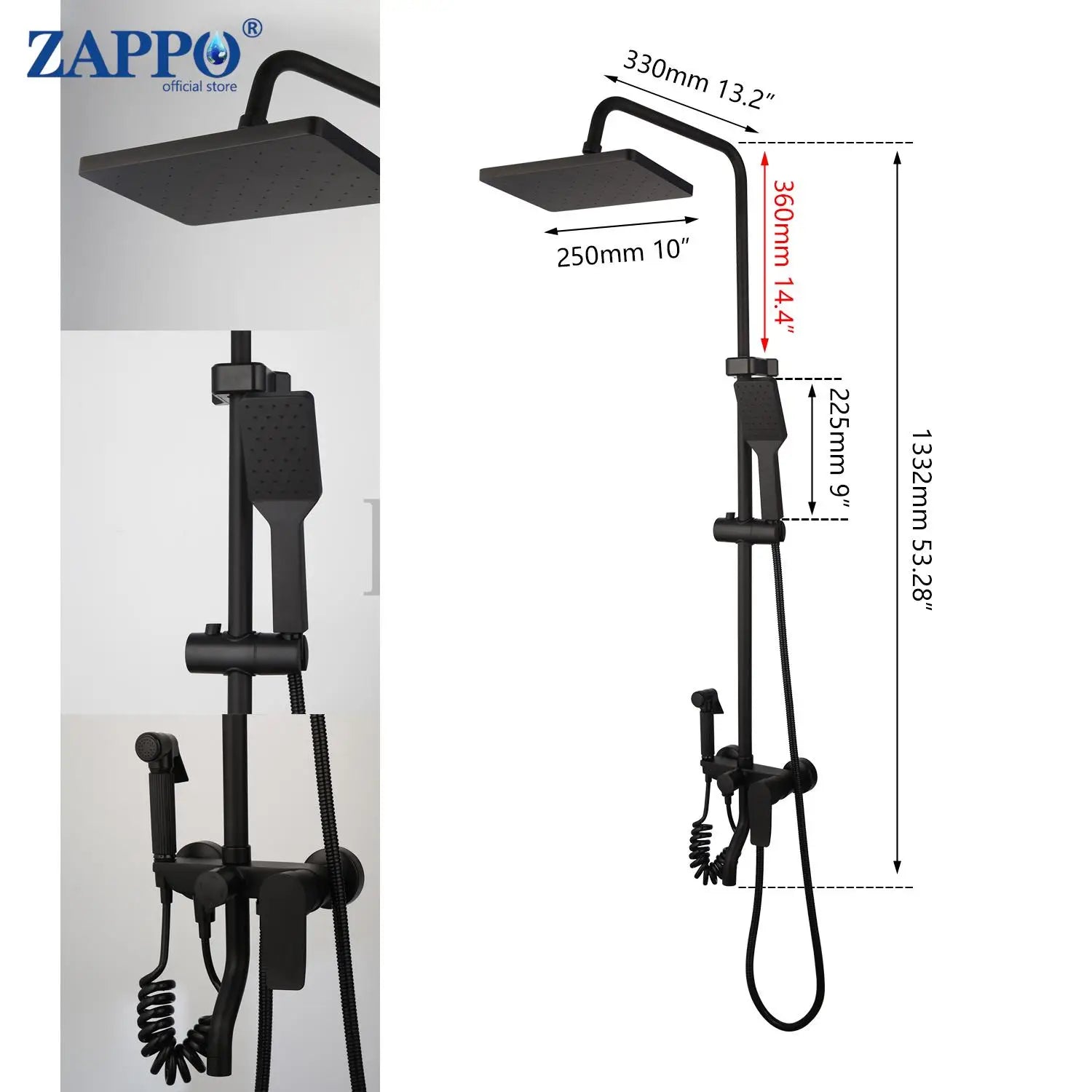 ZAPPO Matte Black Bathroom Shower Set 8 inch Rainfall , Wall Mounted 3-4 Function System & ABS Shelf