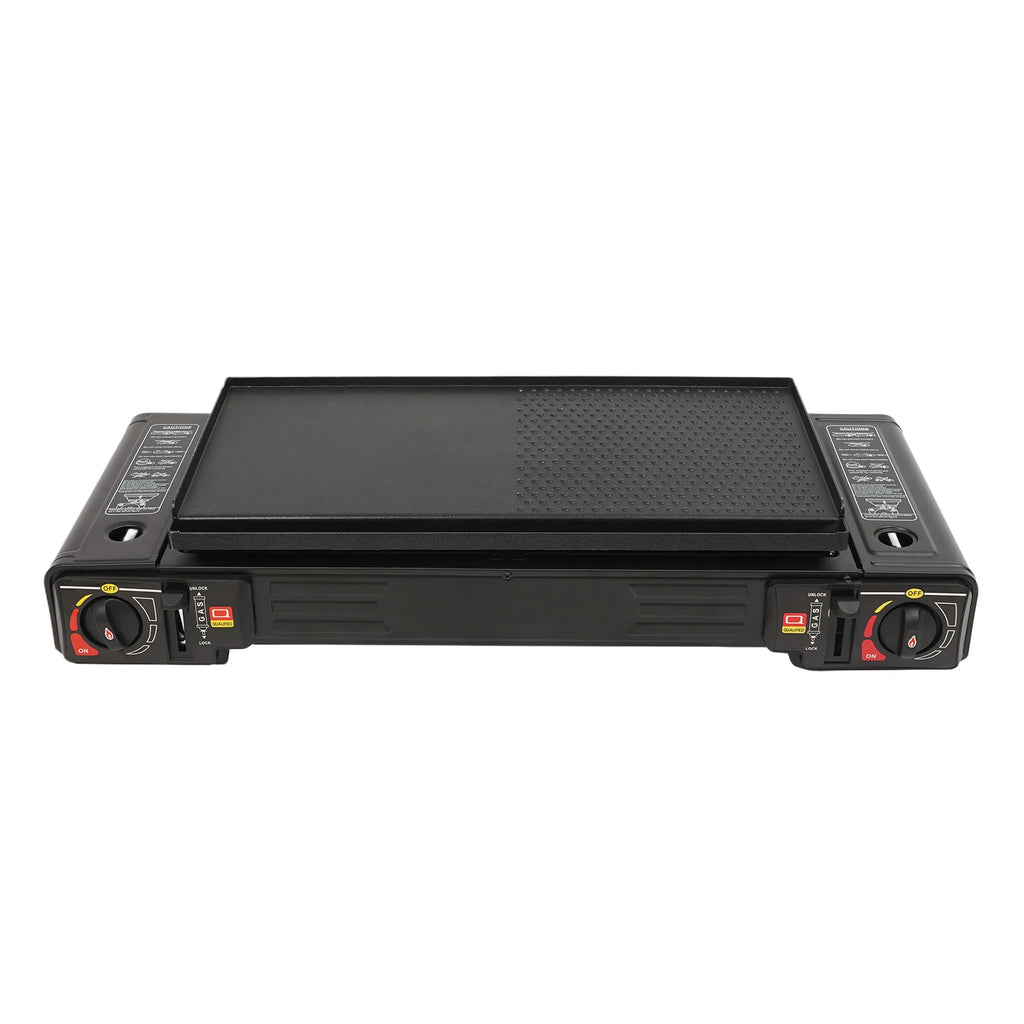 2 Burners-- Portable Camping Stove,     2.5KW Auto Ignition
Butane/LPG Gas  w/Baking Tray+Carrying Case for RV Outdoor Picnic BBQ