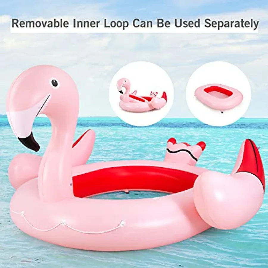 Giant Flamingo Pool Float,,  for 4-6 People . 
Inflatable Raft with Air Pump and 6 Cup Holders 
Pink Floating Island Toy for Adults