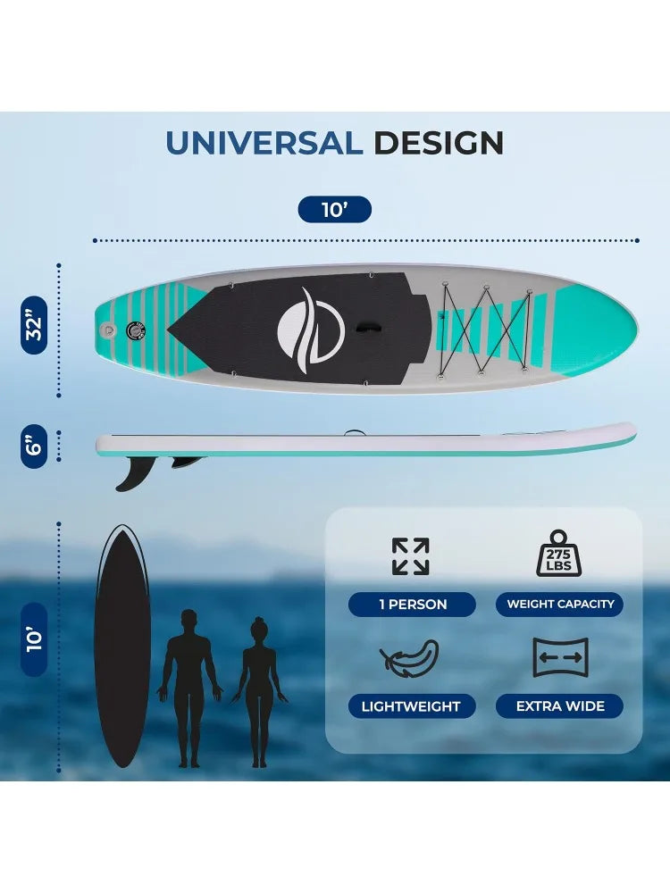 Inflatable 10’ Stand Up Paddle Board with 32” Wide Platform – 
Non-Slip EVA Deck, Drop-Stitch Construction, 3-Piece Al