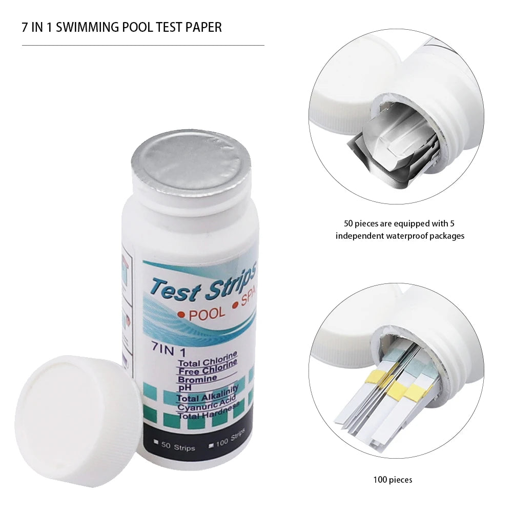 5-1 Bottle Water Test PH Strips 50/100 Pcs/bottle 7-in-1 Residual Chlorine Value Alkalinity Hardness Tester for Aquarium Pool