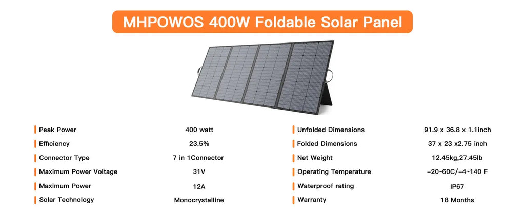 MHPOWOS 400W Portable Solar Panel, 
Lightweight Foldable Solar Panels with an Adjustable Kickstand, 
IP67 Waterproof Solar Charger