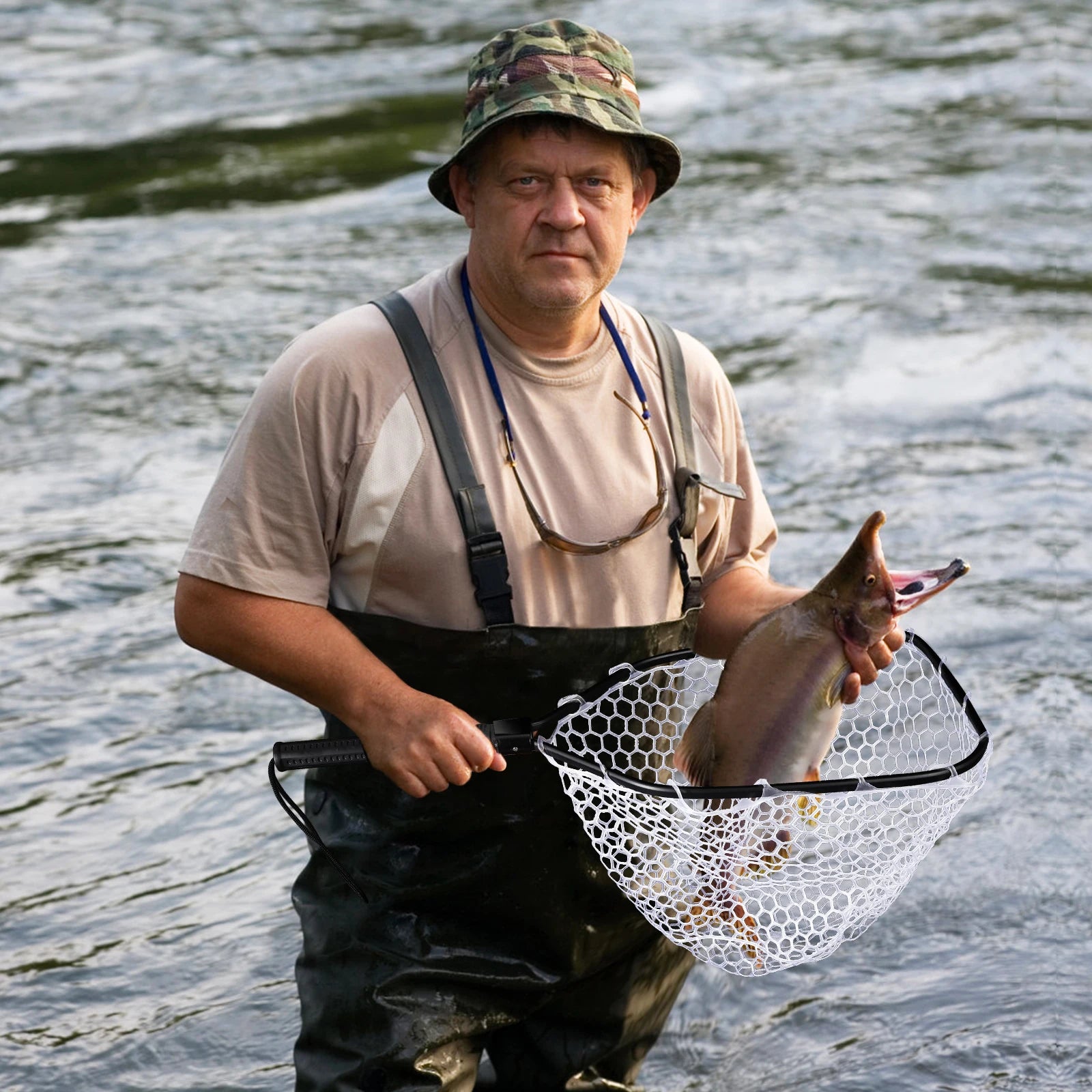 Foldable Fish Net for Trout Fly Fishing Landing Net with Handle 
Soft Rubber Mesh for Stream Shore Fishing