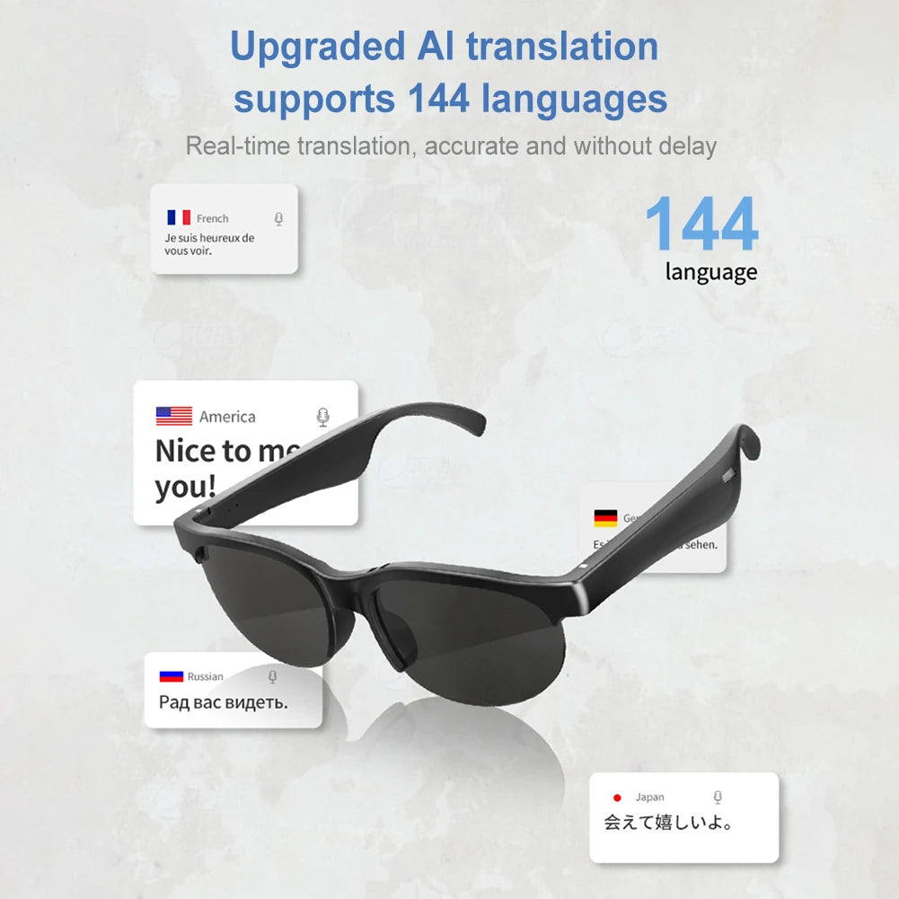 AI Intelligent Translation Glasses Bluetooth-Compatible 5.4 Smart Glasses Support 144 Languages Music Sunglasses for Men & Women