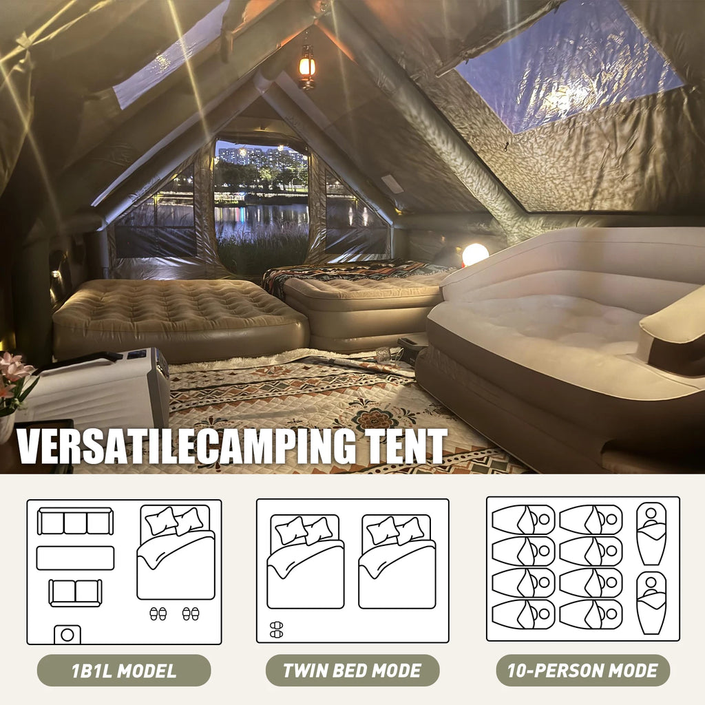 Army Green Waterproof Windproof Inflatable Tent 
for Camping,       4 Season Air Glamping Tent House with Chimney Opening,
AC Vent