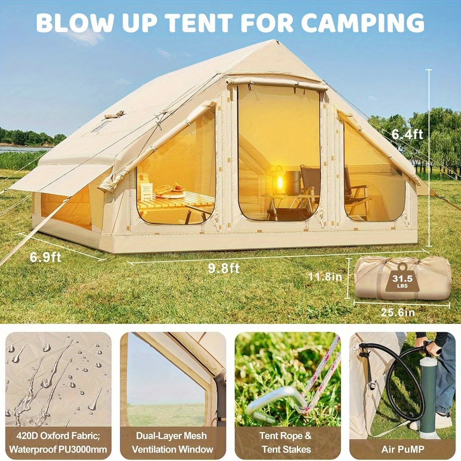 Inflatable tent camping for 1-6 people, hand pump inflation large tent, with skylight and chimney waterproof oxford cloth all