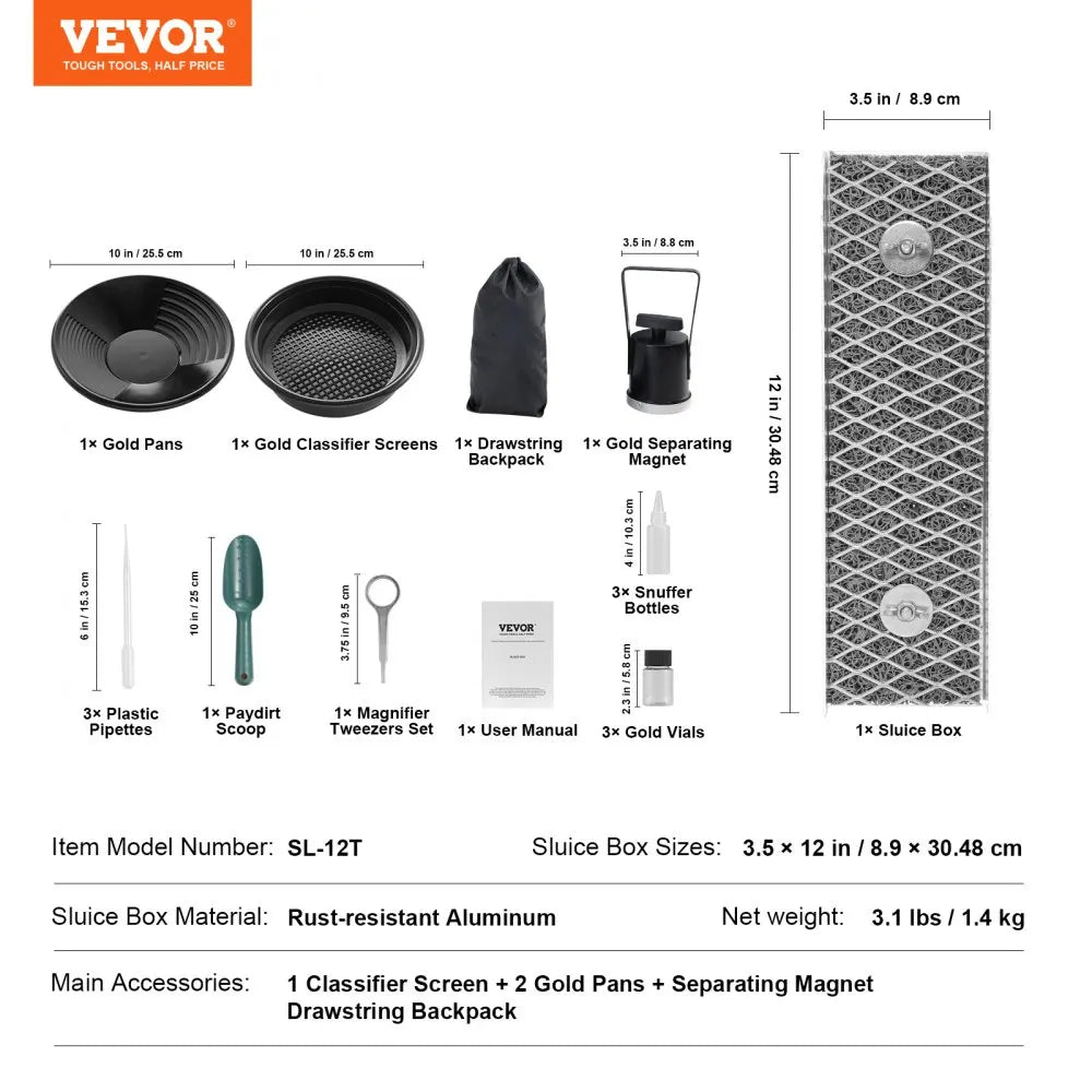 VEVOR 50" 12" Complete Sluice Box Gold Panning Kit Aluminum Alloy Gold Mining Equipment  Prospecting Kit