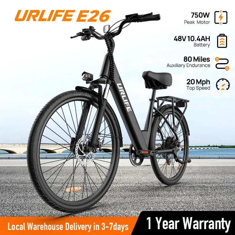 Peak 750W E26 Electric Bike for Adults | 48V 10.4Ah 
Removable Battery, Top Speed 20MPH, 26''X2" Standard Tire, 7-Speeds