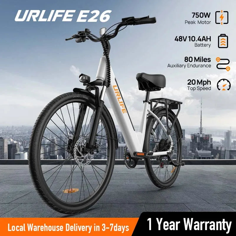 Peak 750W E26 Electric Bike for Adults | 48V 10.4Ah 
Removable Battery, Top Speed 20MPH, 26''X2" Standard Tire, 7-Speeds