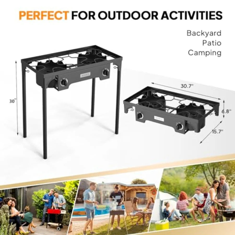 2 Burner Outdoor Propane Gas Stove
 150K BTU High Pressure
 Stand Cooker for Backyard Cooking ,Camping ,Home Brewing ,Canning ,Turkey