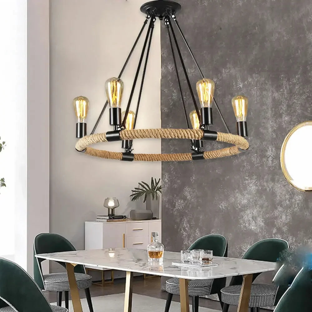 Rustic Industrial Hemp Rope Chandelier – Round Pendant Ceiling Light for Farmhouse Style