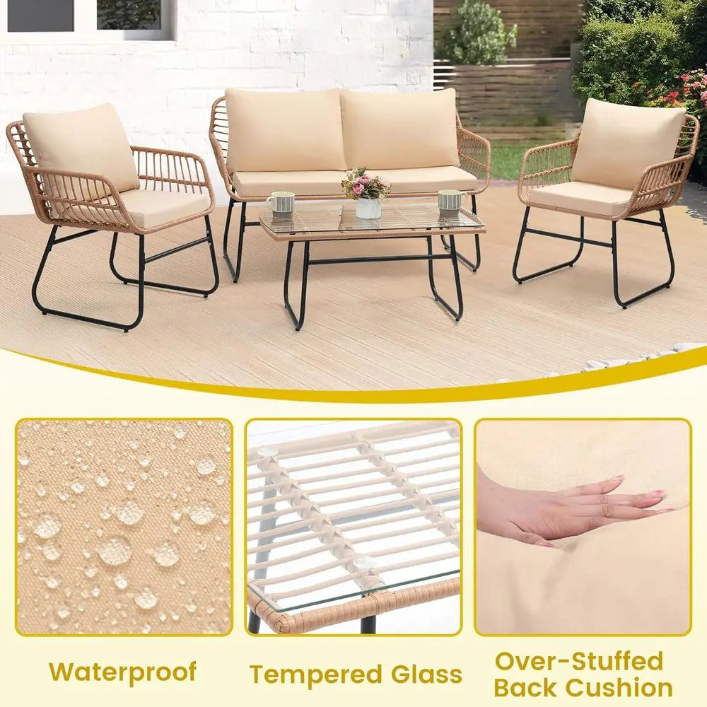 4 Piece Patio Bistro Outdoor Furniture Set,   
Wicker Sofa,  2 Rattan Chairs, and Table, Backyard Conversation Set, All Weather