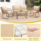 4 Piece Patio Bistro Outdoor Furniture Set,   
Wicker Sofa,  2 Rattan Chairs, and Table, Backyard Conversation Set, All Weather