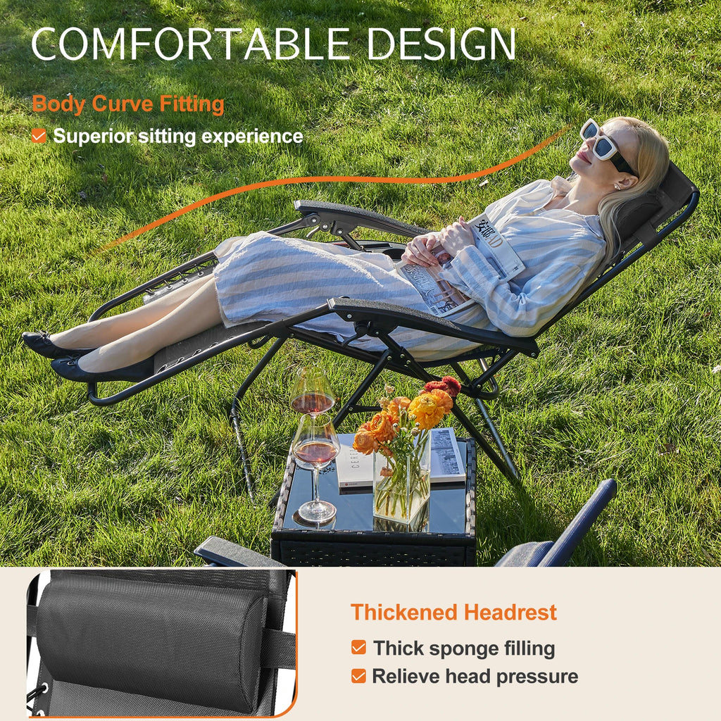 Zero Gravity Set of 2 Portable Recliners
Camping ,Patio , Outdoor Garden Lounge Chair with Cup Holder ,Trays & Adjustable Pillow