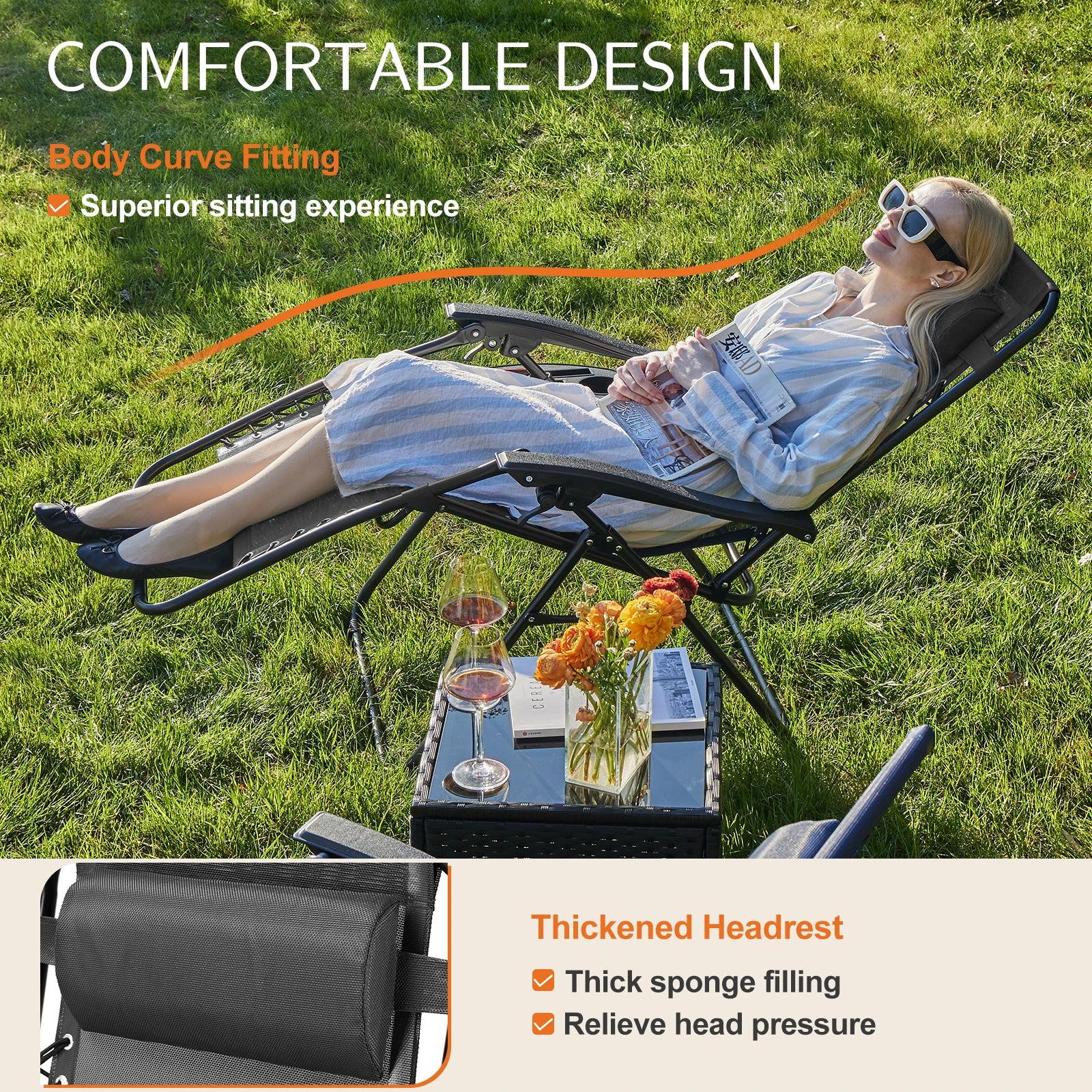 Zero Gravity Set of 2 Portable Recliners
Camping ,Patio , Outdoor Garden Lounge Chair with Cup Holder ,Trays & Adjustable Pillow