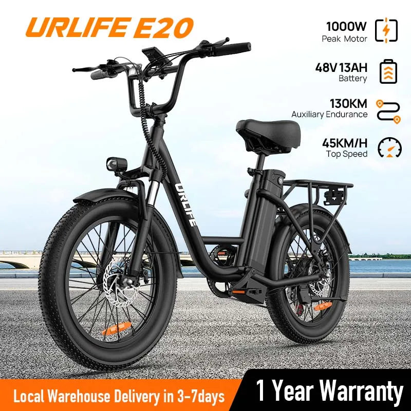 URLIFE 1000W E20 Electric Bike | 
48V 13Ah Removable Battery,
 20MPH, 20''X3" Fat Tire, 7-Speed  with Dual Disc Brake