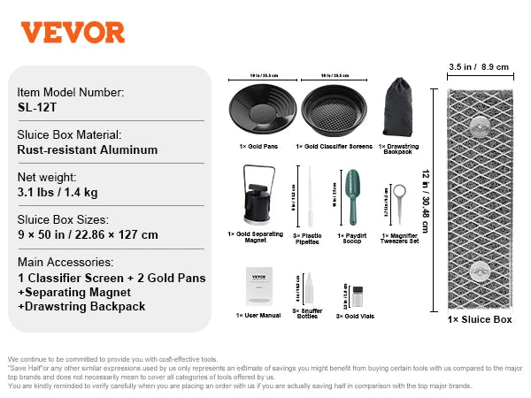 VEVOR 50" 12" Complete Sluice Box Gold Panning Kit Aluminum Alloy Gold Mining Equipment 23/16 PCS Gold Prospecting Kit