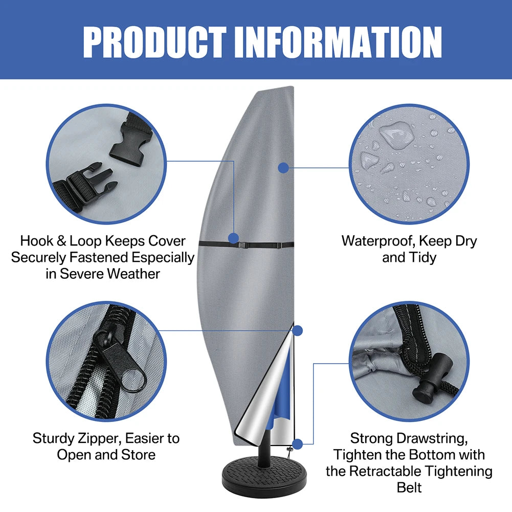 Garden Parasol Cover with Rod & Pull Ring UV Protection 210D Oxford Waterproof Fabric Cantilever Large Umbrella Cover Outdoor