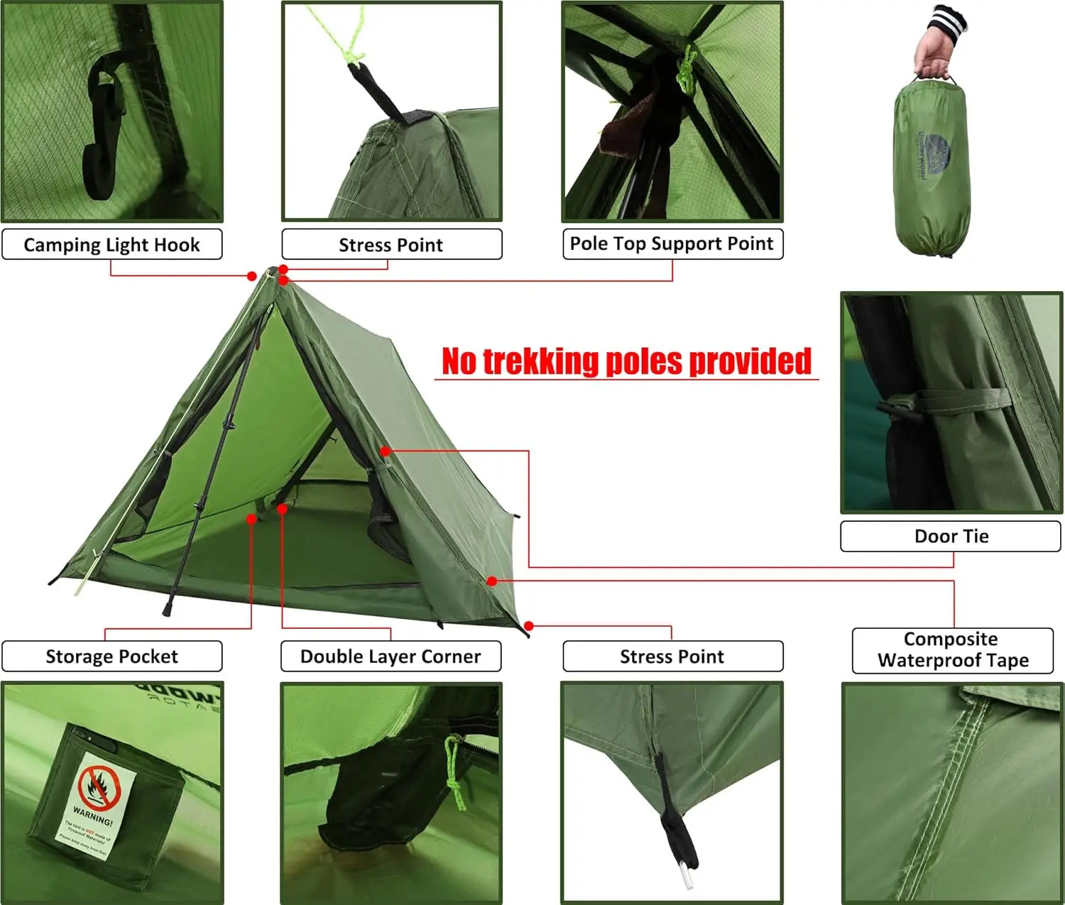 Ultralight 2-Person Trekking Pole Tent
for Backpacking, 
Waterproof A-Frame Hiking or Camping