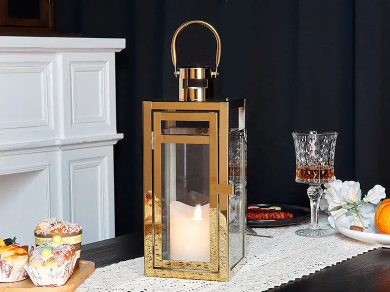 Stainless Steel Candle Holder Lantern
Gold Hanging  Metal Candlestick Light 
for Indoor -  Outdoor ,  Weddings, Parties, Home Decor