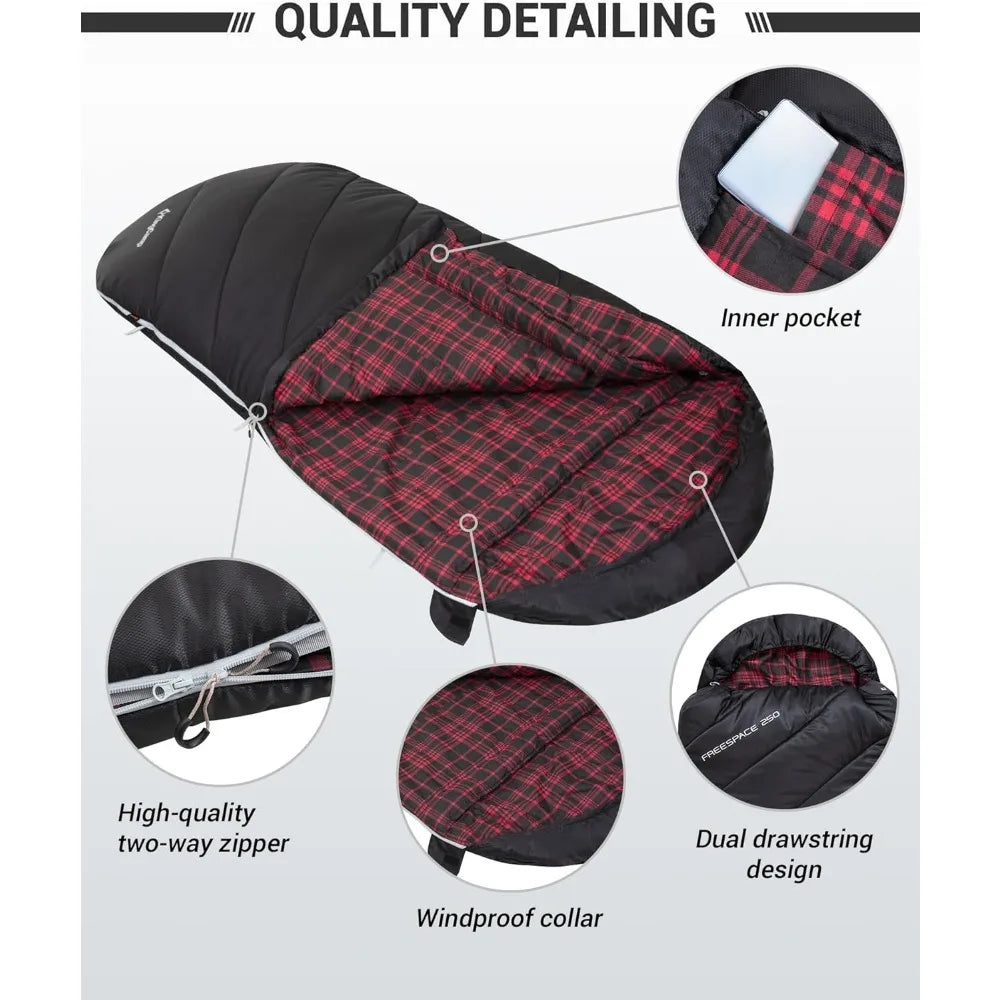 Adults Extra Wide XL Waterproof Flannel Sleeping Bag, 
Cold Weather, Portable Big & Tall Camping Gear,