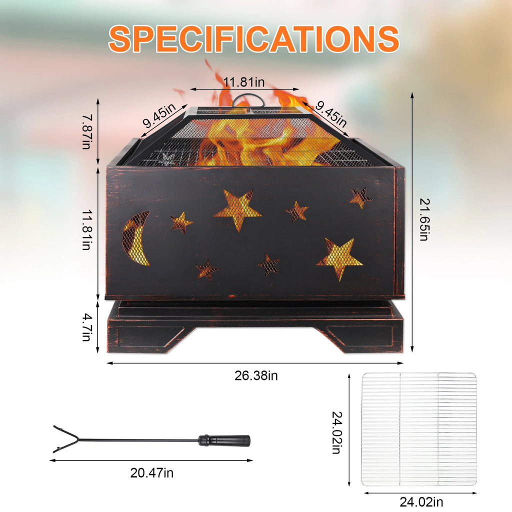 26 Inch Square Wood Burning Fire Pit with Cooking Grill & Spark Screen for Outdoor BBQs - Premium Steel Construction