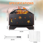 26 Inch Square Wood Burning Fire Pit with Cooking Grill & Spark Screen for Outdoor BBQs - Premium Steel Construction