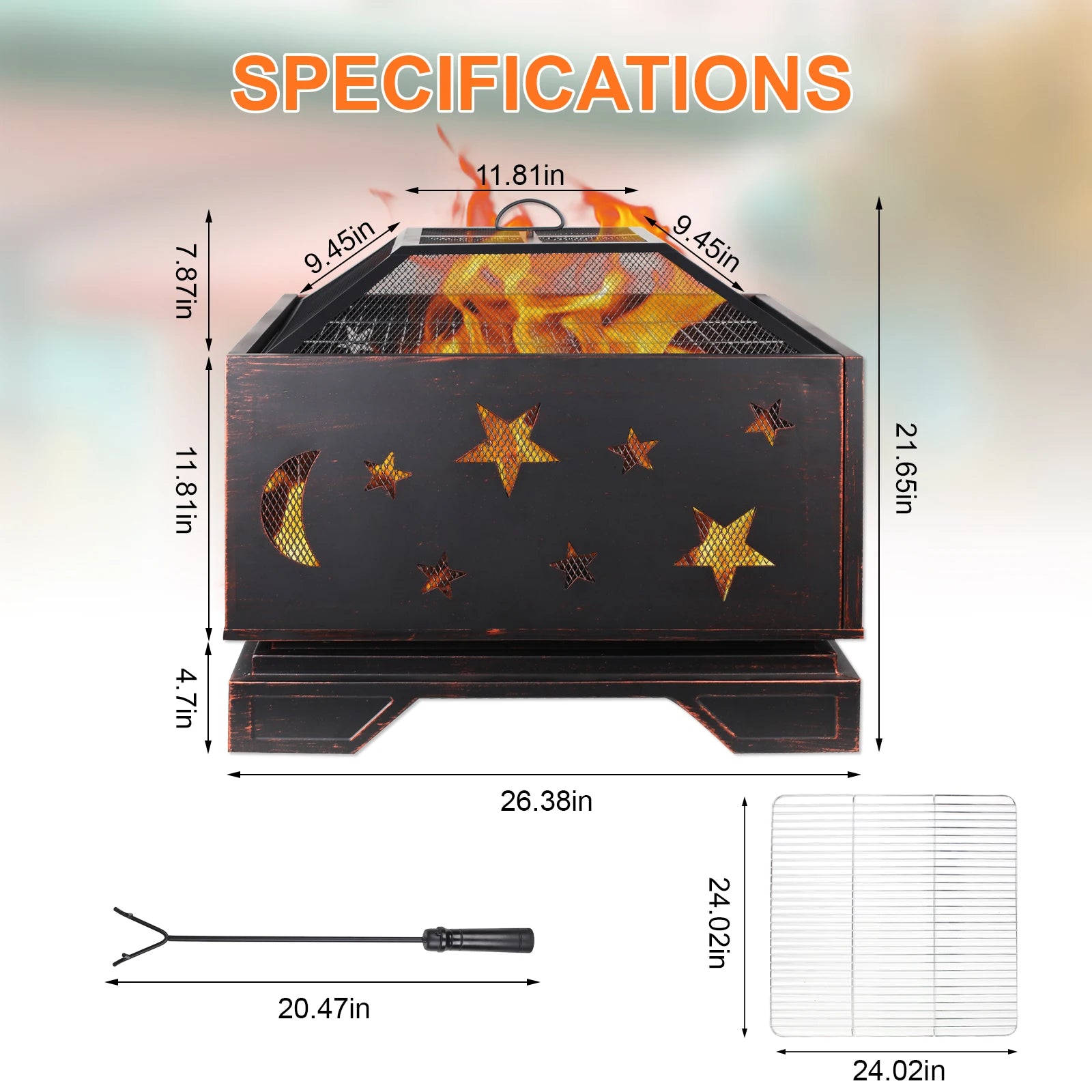 26 Inch Square Wood Burning Fire Pit with Cooking Grill & Spark Screen for Outdoor BBQs - Premium Steel Construction