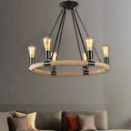 Rustic Industrial Hemp Rope Chandelier – Round Pendant Ceiling Light for Farmhouse Style