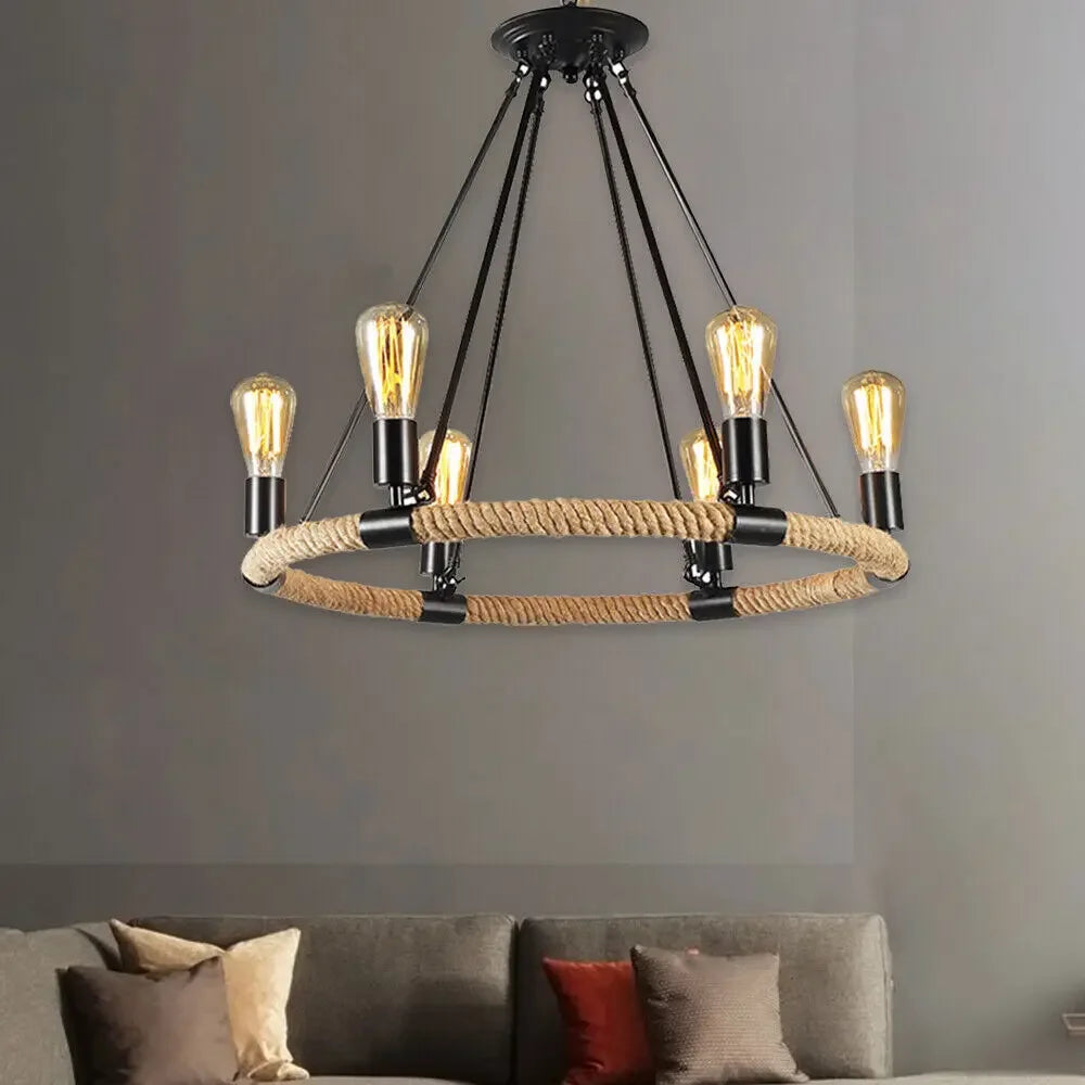 Rustic Industrial Hemp Rope Chandelier – Round Pendant Ceiling Light for Farmhouse Style