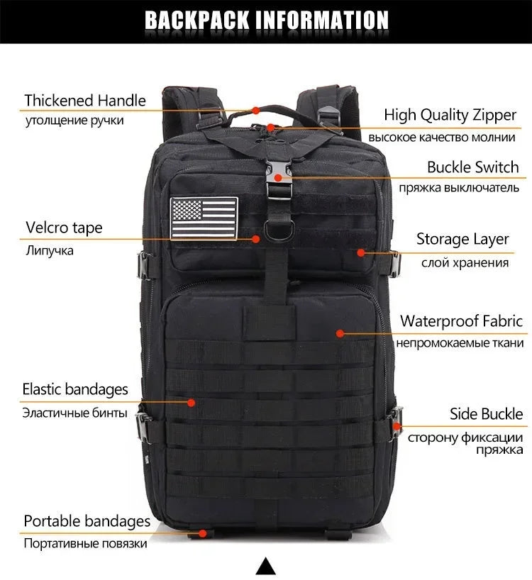 45L Man Tactical Backpacks Traveling  Outdoor 3P School Pack EDC Molle Pack