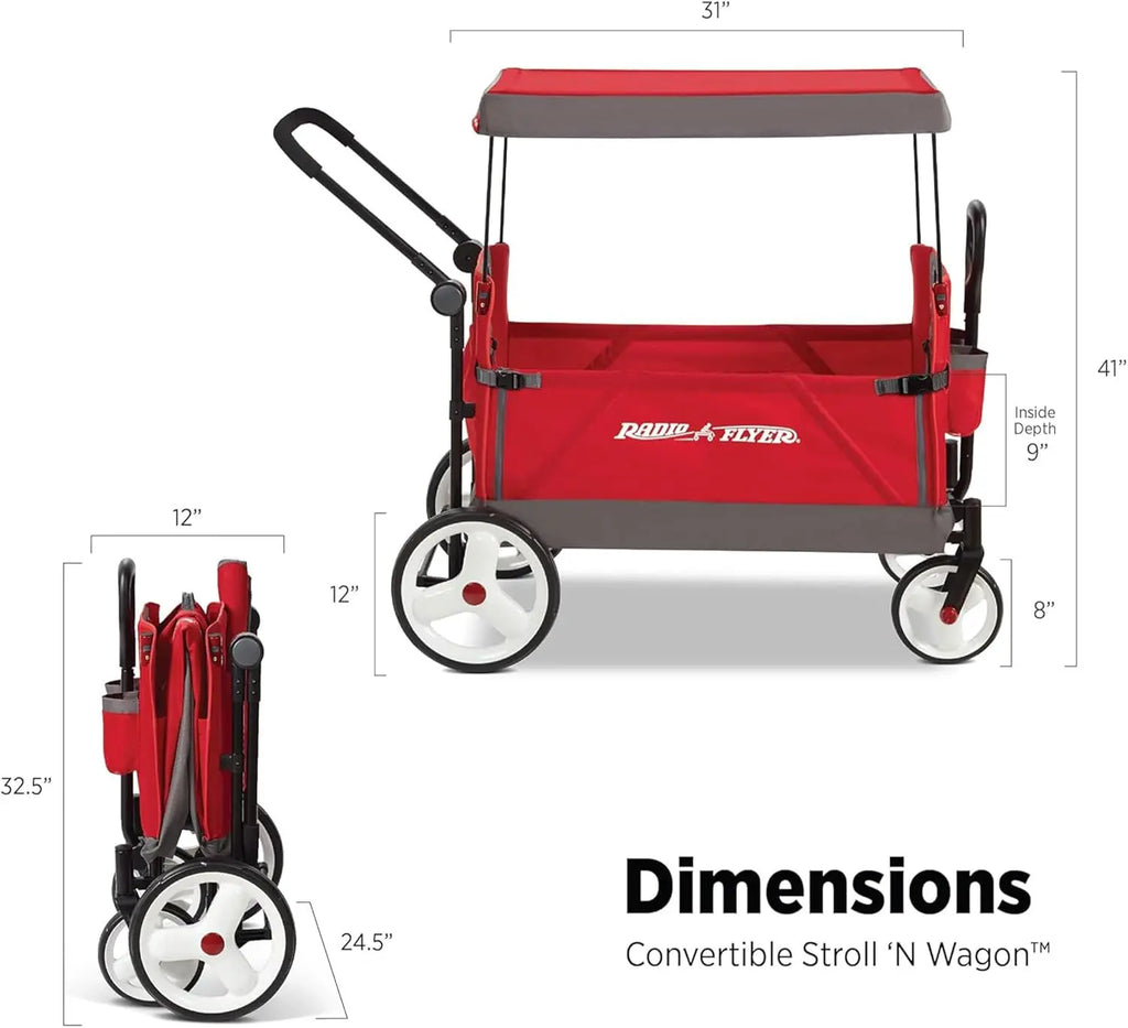 Convertible Stroller Wagon for Kids Ages 1-3, Red Toy Cart with Wheels for Outdoor Play and Beach Use