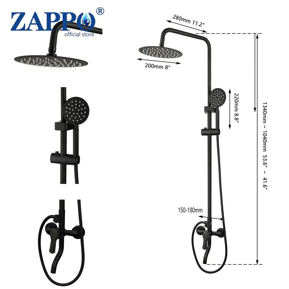 ZAPPO Matte Black Bathroom Shower Set 8 inch Rainfall , Wall Mounted 3-4 Function System & ABS Shelf