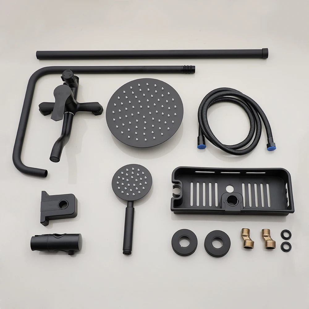ZAPPO Matte Black Bathroom Shower Set 8 inch Rainfall , Wall Mounted 3-4 Function System & ABS Shelf