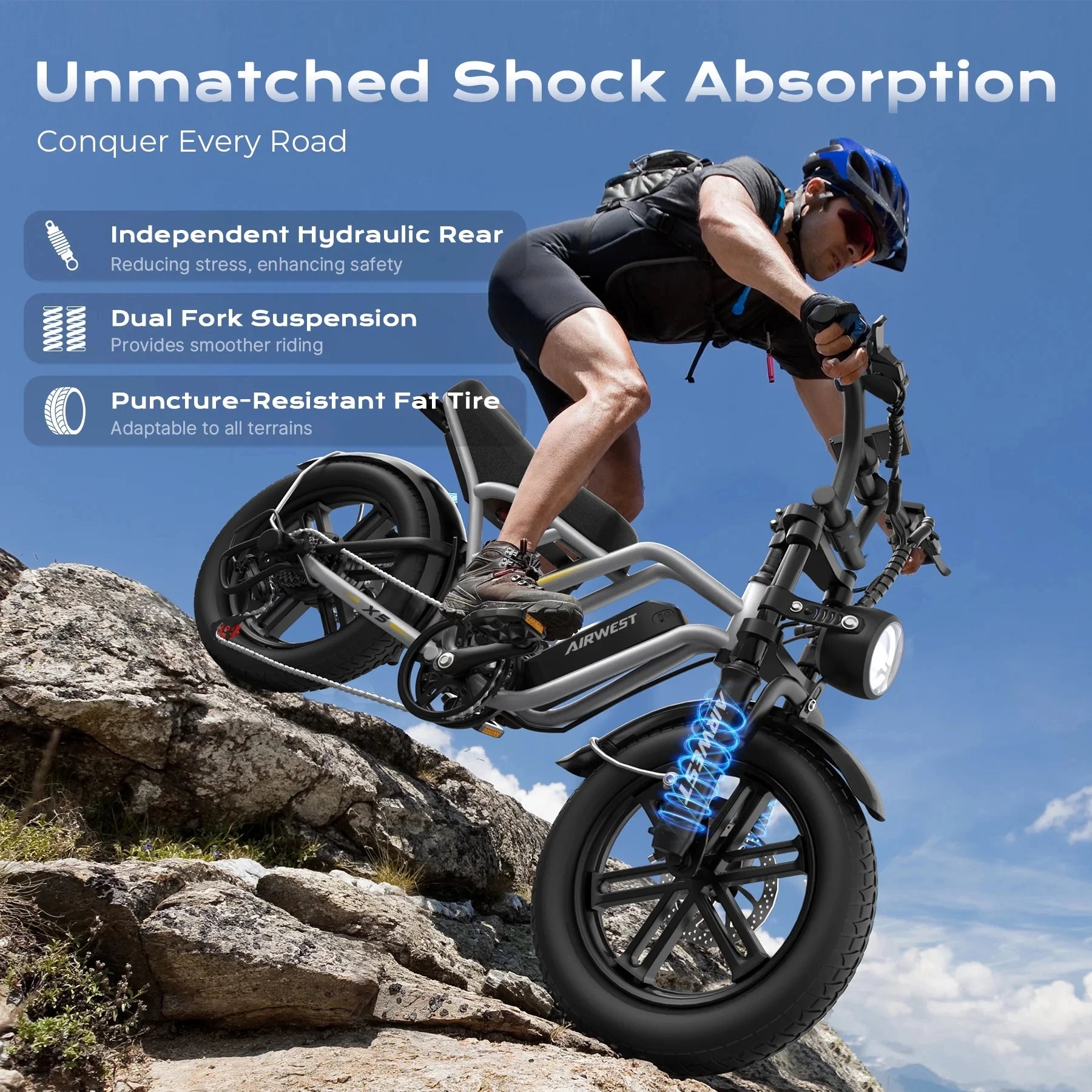 Airwest X5 Adult Electric Bike, 
750W Peak Power, 48V 13Ah Battery, 
20“*4 Fat Tire Ebike, 28MPH, UL 2849, 1 Year Warranty