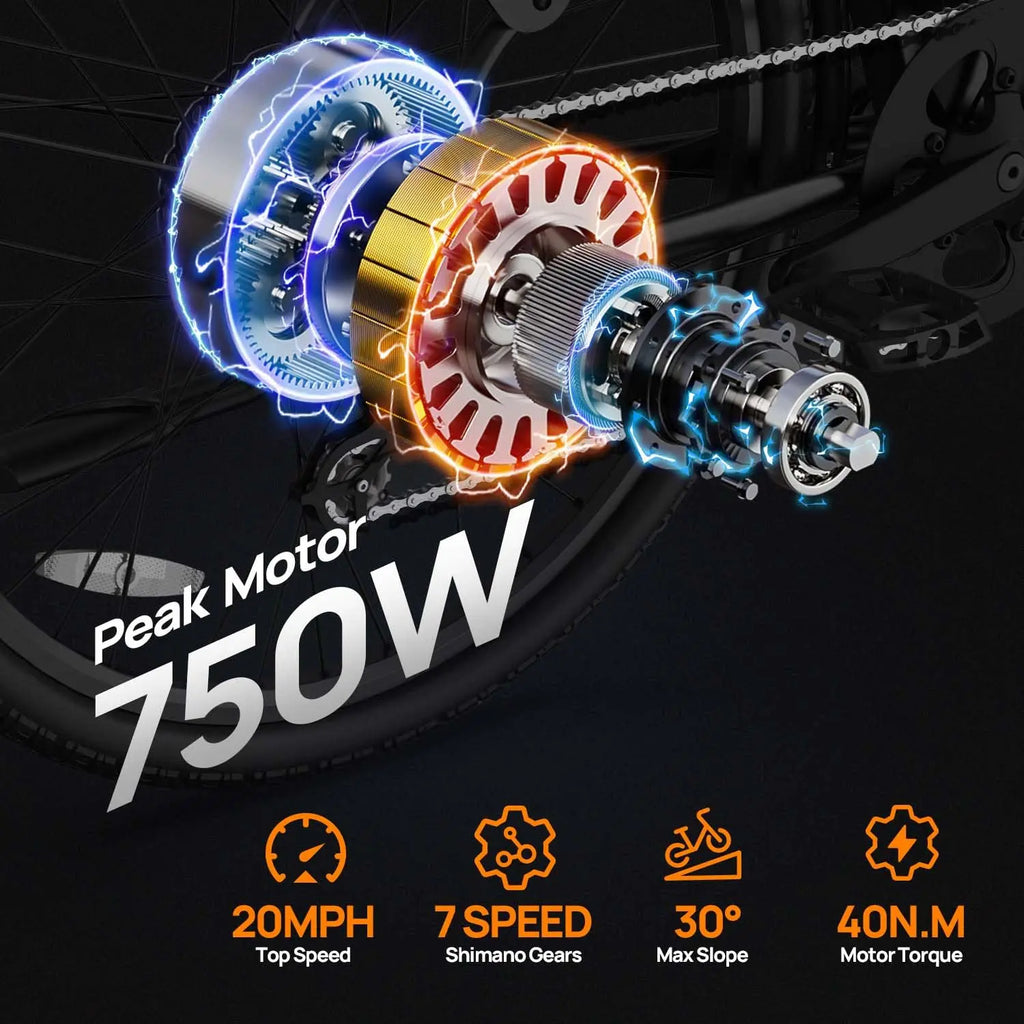 Peak 750W E26 Electric Bike for Adults | 48V 10.4Ah 
Removable Battery, Top Speed 20MPH, 26''X2" Standard Tire, 7-Speeds