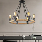 Rustic Industrial Hemp Rope Chandelier – Round Pendant Ceiling Light for Farmhouse Style